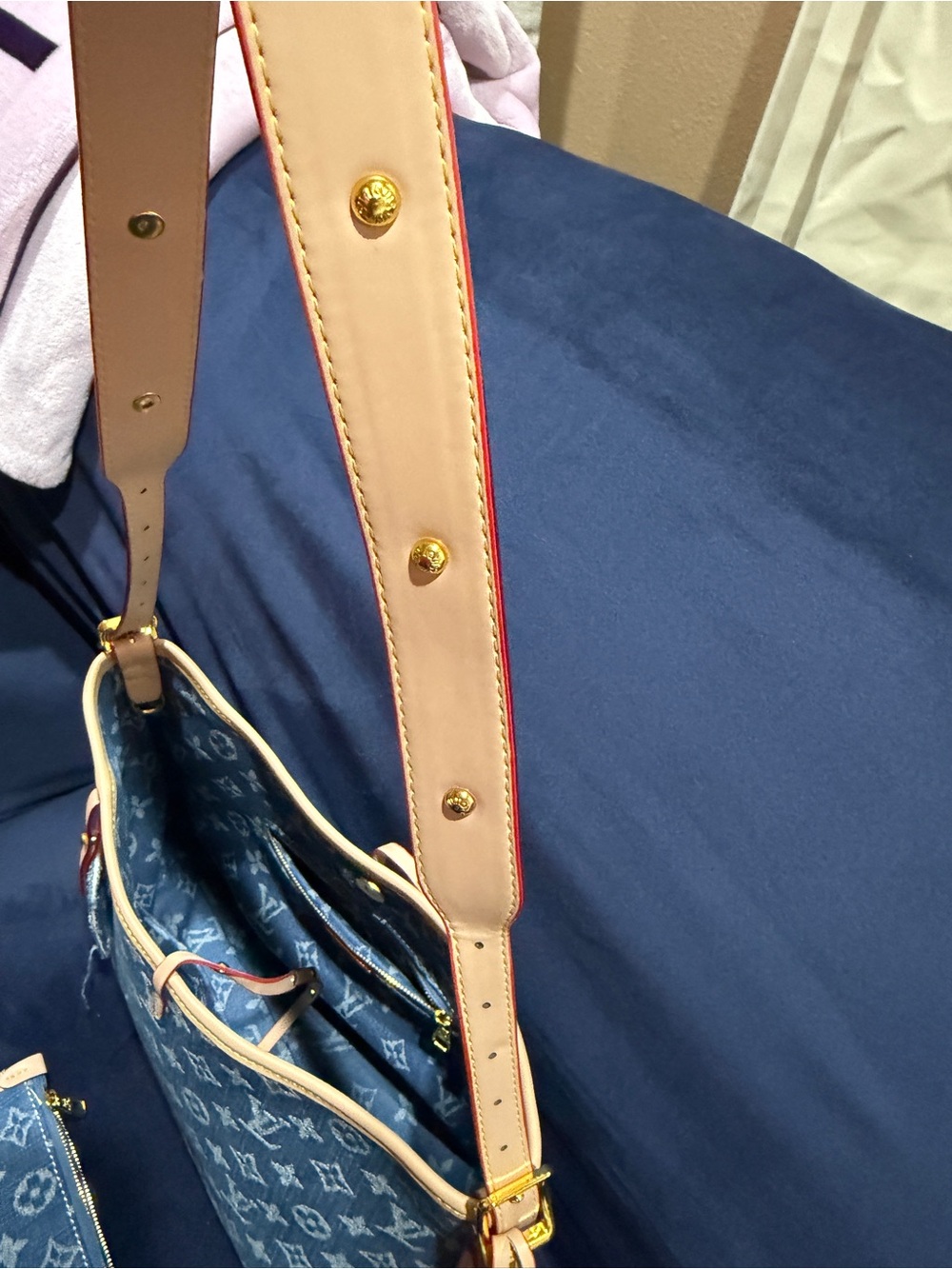 Blue Monogram Denim Shoulder Bag with Beige Trim - Picture 2 of 7